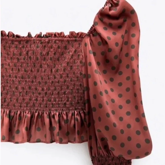 NWT Zara Satin Burgundy Red & Green Polka Dot Smocked Puff Sleeve Top in size M - Picture 2 of 10